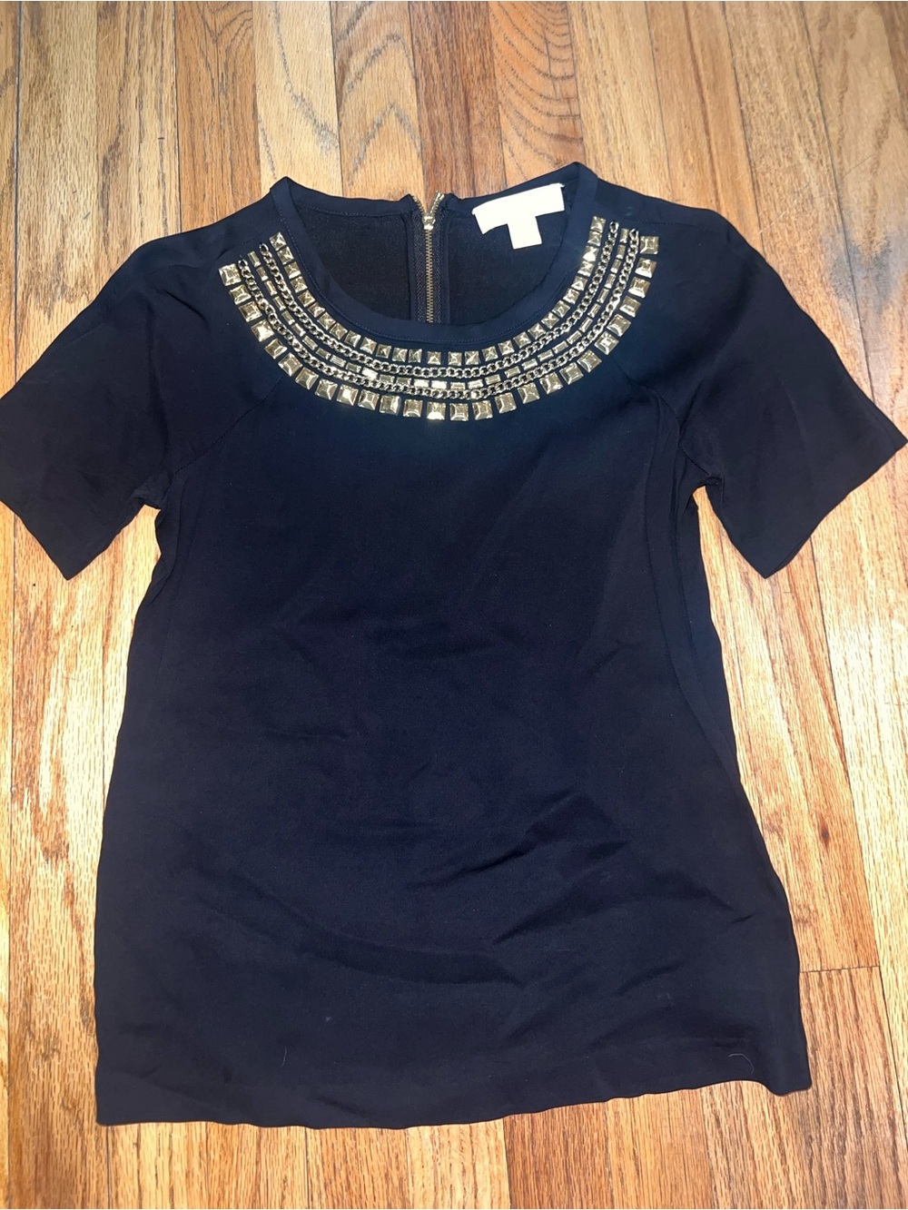 MICHAEL Michael Kors Black Short Sleeve Top with Gold Embellished Neckline